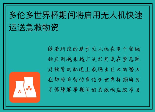 多伦多世界杯期间将启用无人机快速运送急救物资