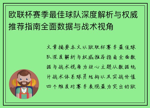欧联杯赛季最佳球队深度解析与权威推荐指南全面数据与战术视角